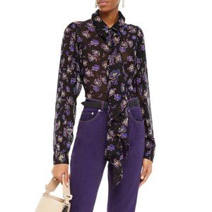 GANNI Black Floral Tie Neck Georgette Blouse